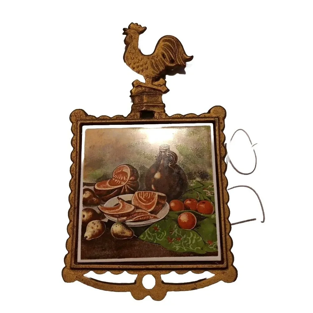 Gold Rooster Handle Cast Iron Vtg Fruit Tile Trivet Hot Plate 13